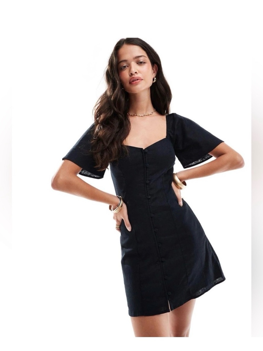 EUC- Abercrombie & Fitch linen blend Button-Front Mini Dress in black- Sz M tall